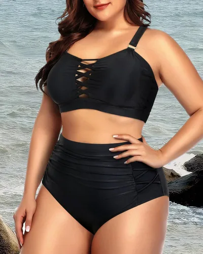 Vista 3 de Daci - Traje de baño de dos piezas para mujer, talla extragrande, cintura alta, fruncido, con cordones Negro