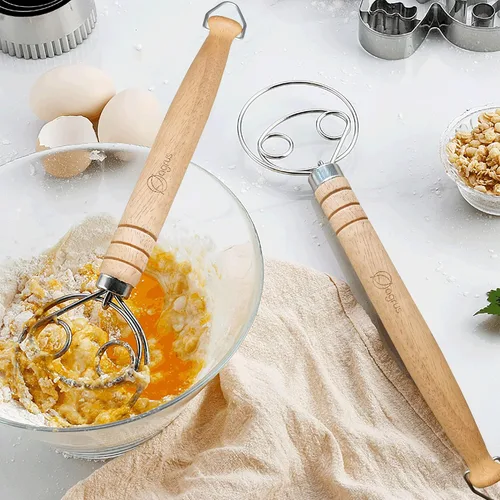 Vista 6 de Juego de batidor de masa danés y pan cojo para panaderos - Herramientas para hacer pastelería y pan - Batidor de harina con mango de madera de 13.5