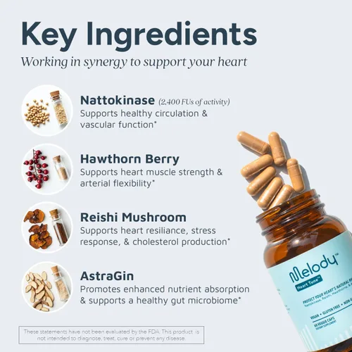 Vista 5 de Melody Heart Tune - Suplementos de apoyo para la presión arterial 4 en 1 - Nattokinase 2,400 FU, hongo Reishi y espino - Suministro de 2 meses