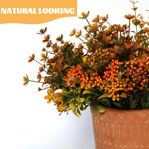 Vista 3 de Flores artificiales de otoño para exteriores, plantas falsas, 6 paquetes de plantas sintéticas para exteriores, boj, no se decolora, arbustos