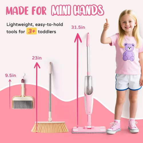 Vista 2 de Juego de juguetes de limpieza para niños, mini trapeador de aerosol rosa, juguetes Montessori, herramienta de limpieza para niños pequeños