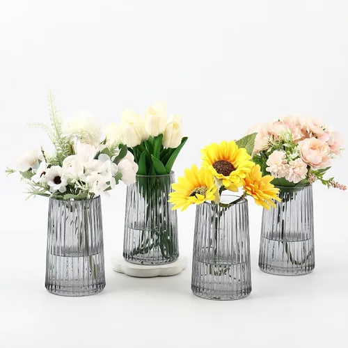 Vista 14 de Jarrón de vidrio ámbar para flores, florero para ramo, jarrones de vidrio modernos, jarrones acanalados para sala de estar, dormitorio, mesa