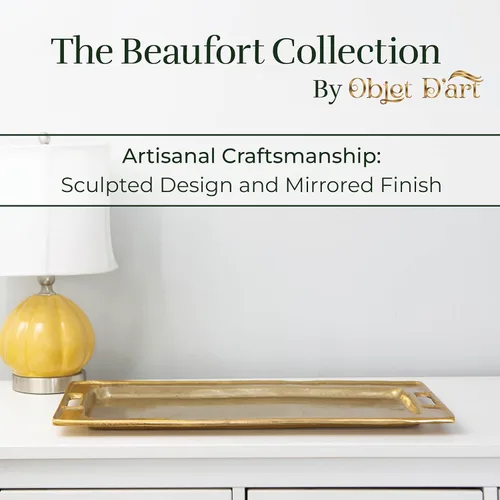 Vista 4 de Bandejas decorativas doradas de Objet D’Art, bandeja rectangular de bar Beaufort para sala de estar, otomana y mesa de café, juego de 2 bandejas