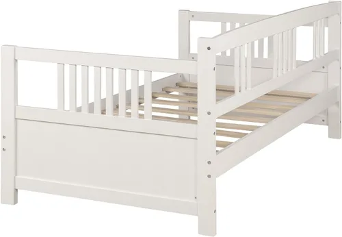 Vista 5 de Flieks Sofá cama de madera maciza, tamaño individual, cama multifuncional para niños, no requiere somier, color blanco