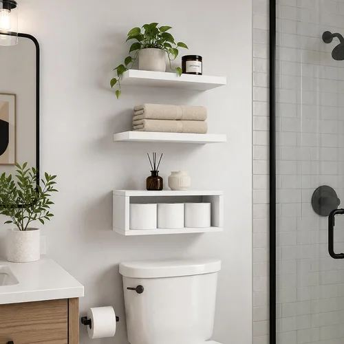 Vista 7 de RANK Estantes de baño sobre el inodoro, estantes flotantes montados en la pared, almacenamiento de papel higiénico, estante pequeño de decoración