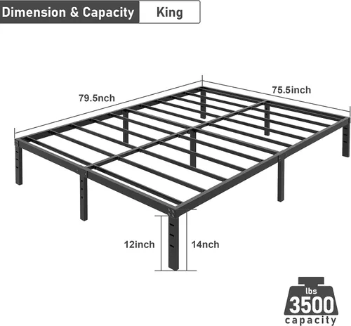 Vista 2 de Base de cama King de 14 pulgadas, plataforma de metal resistente, marco de cama de fácil montaje, no necesita somier, soporte de colchón de 3500