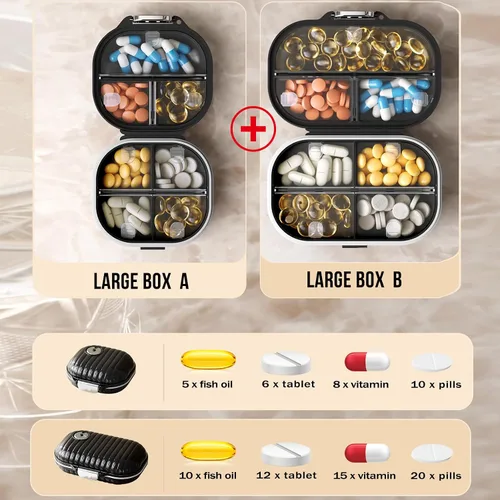Vista 2 de Paquete de 2 organizadores de pastillas, caja de pastillas de 7 compartimentos, dispensador grande de pastillas para casa y viaje, soporte hermético