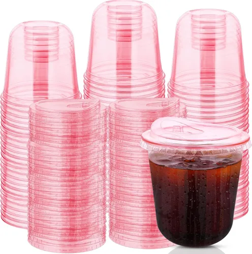 Vista 12 de 100 juegos de vasos desechables sin tallo con tapas sin pajita, vasos de plástico PET, vasos de café transparentes para café helado, batidos Azul
