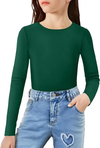 Vista 17 de Arshiner Camisas de punto acanalado de manga larga para niñas, suaves, ajustadas, cuello redondo, casual, capa base Blanco