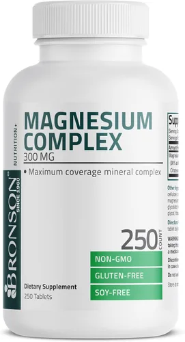 Vista 3 de Complejo de magnesio, Bronson, cobertura máxima 0,01 oz, 250 tabletas Óxido de magnesio, citrato y carbonato, soporte para corazón, hueso