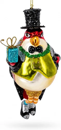 Vista 2 de Adorno navideño de cristal con diseño de pingüino en sombrero negro