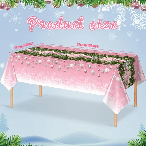 Vista 2 de Mantel de plástico con diseño de árbol de Navidad, 3 piezas, mantel rectangular de invierno con copos de nieve para Navidad, vacaciones, Año Nuevo