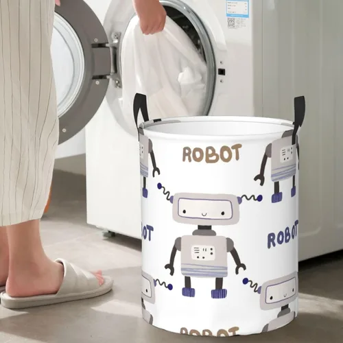 Vista 7 de Vintage Robots - Cesta de lavandería impermeable plegable con mango duradero, organizador de ropa sucia circular, cesta de almacenamiento