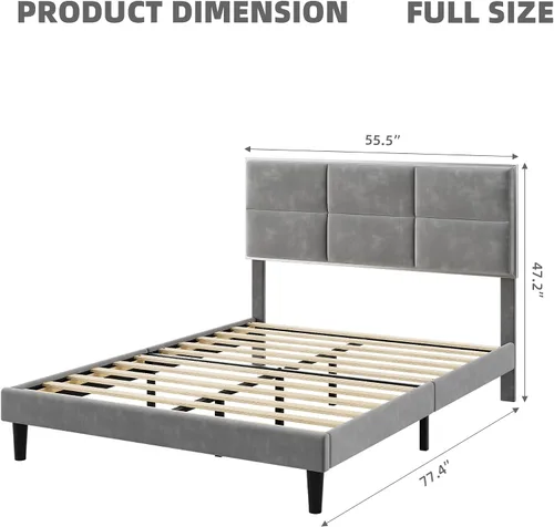 Vista 2 de Base de cama tamaño matrimonial, base de cama con cabecera cuadrada de terciopelo, soporte de listones de madera, antideslizante y sin ruido,