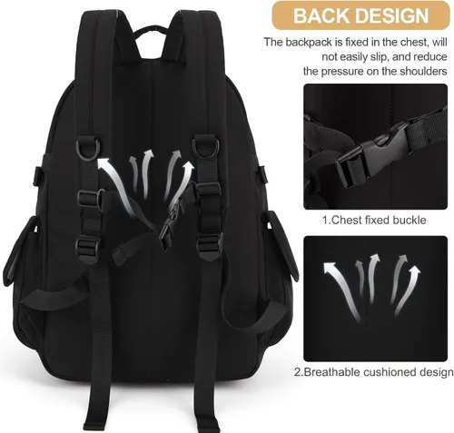 Vista 7 de Mochila escolar para adolescentes, niñas, niños, linda mochila de moda, mochila universitaria ligera, A-Negro, Mochila de viaje College