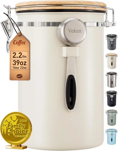 Vista 14 de Veken - Recipiente hermético para café de acero inoxidable, contenedor de almacenamiento de alimentos para la cocina con registro de fecha y cuchara