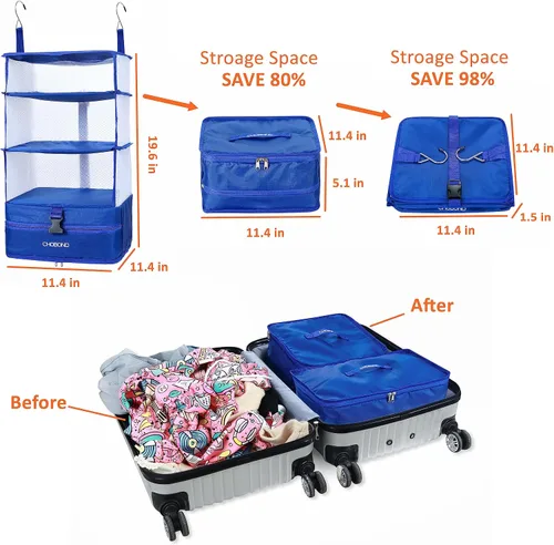Vista 3 de Organizador de equipaje de viaje, portátil, colgante, estantes de viaje, múltiples compartimentos, organizador de cubo de embalaje para llevar