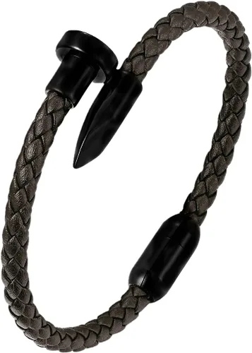 Vista 5 de Pulsera de cuero trenzado para hombre con adorno de uñas de acero inoxidable negro, pulsera delgada de cuero para hombres y mujeres