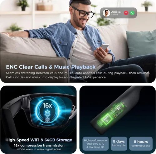 Vista 9 de Lentes inteligentes AR con pantalla de visualización, cámara HD integrada y control de anillo, lentes de teleprompter de privacidad AI HUD