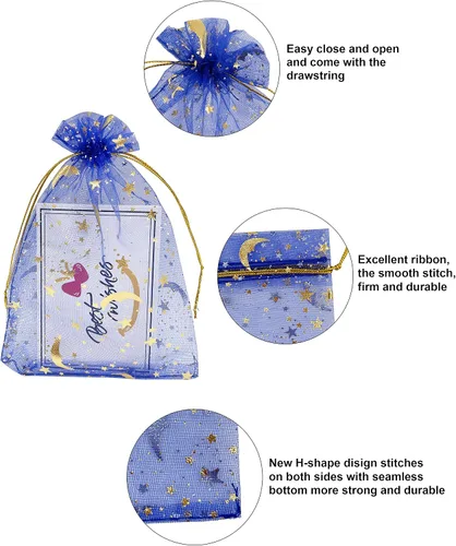 Vista 3 de Jexila 100 bolsas de regalo de organza azul con estrella lunar, 4 x 6 pulgadas, bolsa pequeña de malla con cordón para regalos, joyas, bolsitas