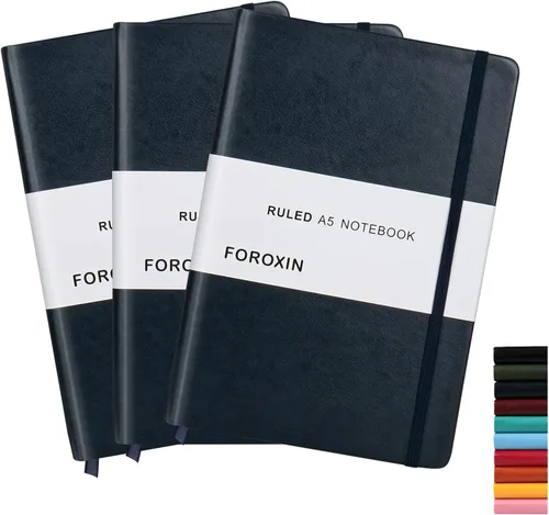 Vista 9 de Cuaderno rayado de tapa dura, tamaño A5, con forro de 8.3 x 5.7 pulgadas, papel grueso premium de 80 gsm (100 hojas/200 páginas). Tapa dura de piel