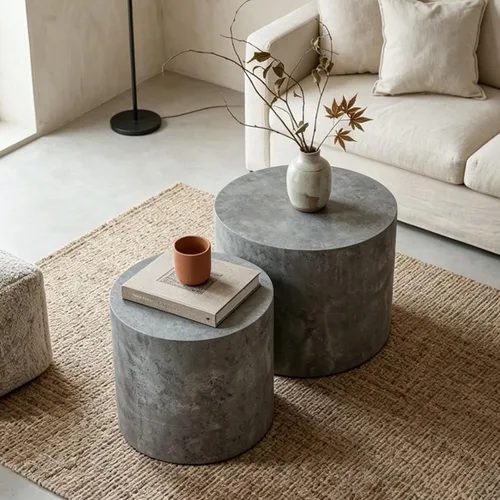 Vista 4 de WILLIAMSPACE Juego de 2 mesas de centro anidadas, mesas de centro redondas de madera de color blanco mate, mesa circular moderna para espacios 18.9