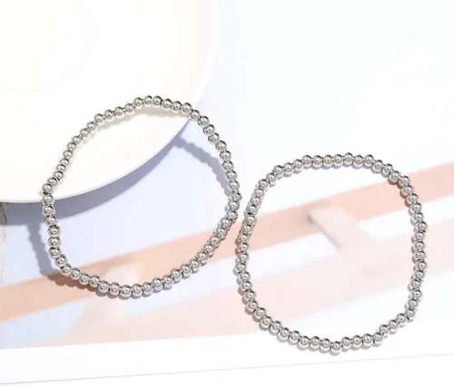 Vista 5 de Pulsera de cuentas de oro para mujer, chapada en oro de 14 quilates, pulsera de cuentas de bola de cuerda elástica, pulsera de la amistad