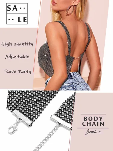 Vista 4 de Top corto de lentejuelas brillantes, bikini plateado halter de metal, cadena para el cuerpo, sin negro, playa, rave, club, cadenas de pecho