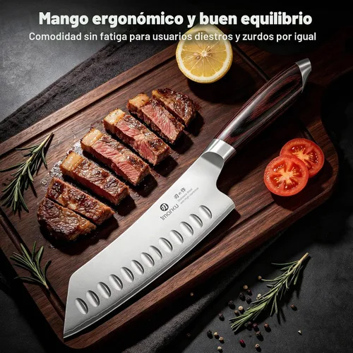 Vista 4 de imarku Cuchillo japonés Santoku de 7 pulgadas, 10Cr15CoMoV de 3 capas de Cuchillo de chef de cocina ultra afilado de alto carbono 59±2 HRC, afilado