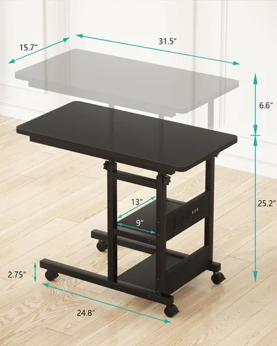 Vista 2 de Mesa auxiliar de altura ajustable con estación de carga, mesa auxiliar móvil para computadora portátil en forma de C con ruedas, mesa de sofá de 3