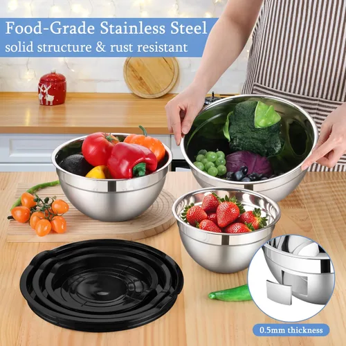 Vista 3 de LIANYU Juego de 3 tazones para mezclar con tapas, tazones de metal de acero inoxidable anidables grandes y pequeños para almacenamiento de cocina