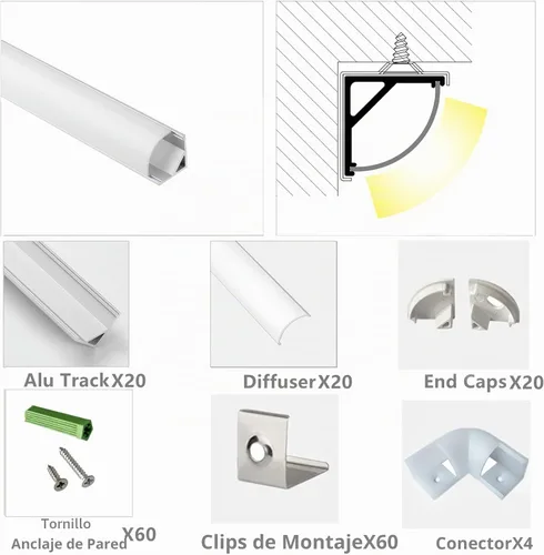 Vista 6 de THMOOTHER Paquete de 20 tiras LED en forma de V de 3.3 pies, sistema de difusor de canal de aluminio, cubierta lechosa extruida con conector