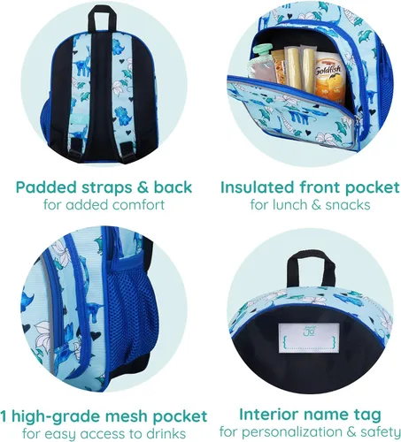 Vista 4 de Wildkin - Mochila infantil de 12 pulgadas – Acolchada, ajustable, ideal para guardería y viajes, Dino azul, Escuela
