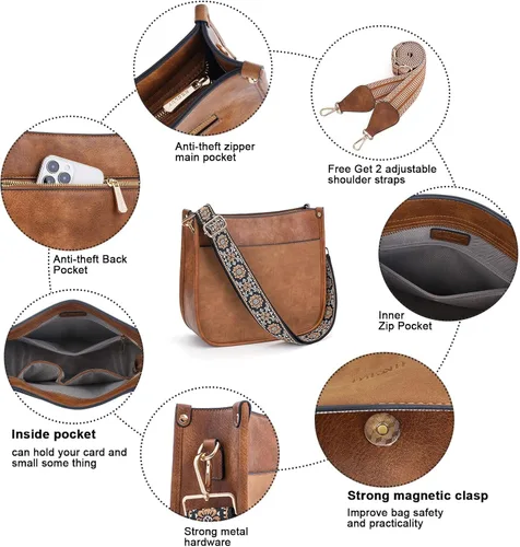 Vista 6 de HKCLUF Bolso cruzado para mujer, 2 piezas, de cuero, con 2 correas ajustables de leopardo, bolsa cruzada