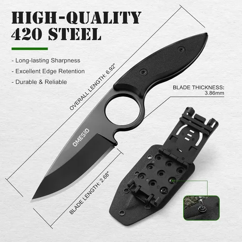 Vista 4 de Omesio Cuchillo pequeño de hoja fija, cuchillo táctico de caza y campamento con funda Kydex, acero inoxidable de espiga completa compacto EDC