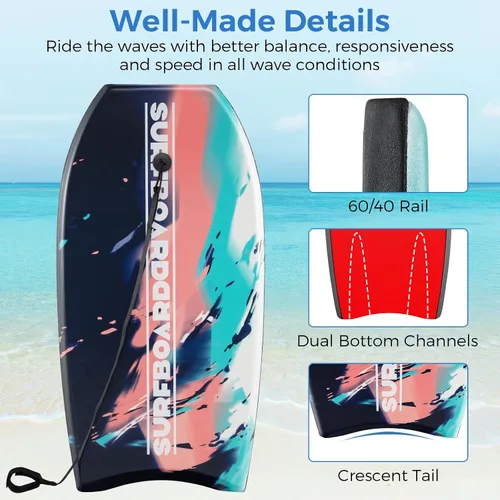 Vista 5 de Goplus Tabla de cuerpo ligera de 41/37/33 pulgadas para playa, tabla de surf con núcleo EPS, cubierta XPE, parte inferior lisa de HDPE, correa