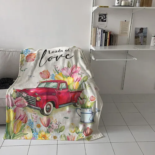 Vista 5 de Manta de Pascua de camión rojo, tulipán, manta suave y cálida, manta de franela de flores y mariposas para sofá, cama, manta para el Día