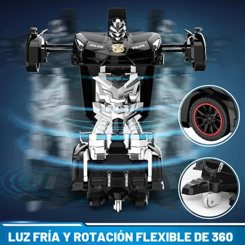 Vista 3 de FDJ - Auto a control remoto que se transforma en robot, transformación con un botón a robot con luz intermitente, juguete de policía para niños