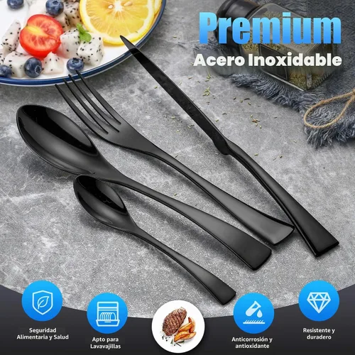 Vista 2 de Lemeya Juego de cubiertos negros de 24 piezas para 6, juego de cubiertos de acero inoxidable 18/10 resistente con cuchillo forjado, juego