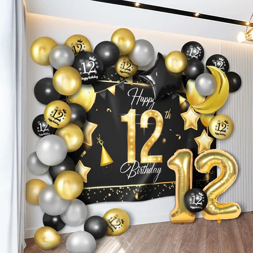 Vista 9 de Juego de globos dorados de feliz cumpleaños número 10 – Saludos a los 10 años de edad, guirnalda temática de fiesta con estrellas y luna, decoración