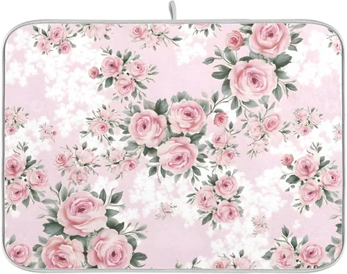 Vista 45 de Linda alfombrilla de secado de platos con hongos y plantas silvestres para encimera de cocina, almohadilla absorbente de microfibra, mediana 16x18