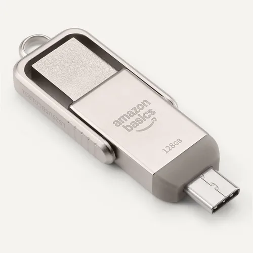 Vista 5 de Amazon Basics Unidad Flash USB, Memoria Stick con Puertos Duales USB C y USB A, 128GB, Plata Champán