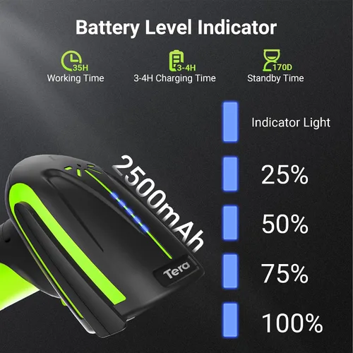 Vista 2 de Tera Escáner de código de barras inalámbrico 2D QR con soporte: indicador de nivel de batería versión Pro 2500mAh lector de código de barras