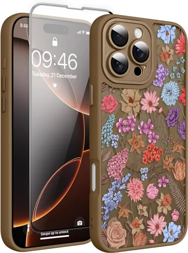 Vista 7 de Magnético para iPhone 13 con protector de pantalla [Compatible con MagSafe] Diseño de patrón floral de flores bonitas, funda delgada a prueba
