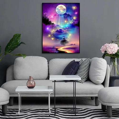 Vista 4 de Kits de arte de diamantes para adultos, kits de pintura de diamantes de paisaje lunar para principiantes, kits de arte de gemas de puntos