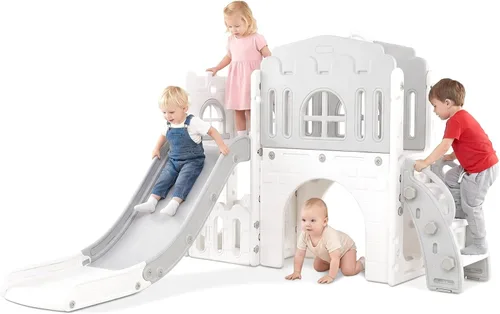 Vista 11 de OLAKIDS Tobogán para niños pequeños, 6 en 1 para interiores y exteriores, con aro de baloncesto, telescopio, almacenamiento de juguetes para niños