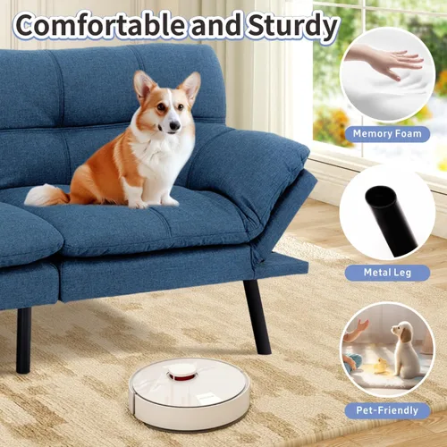 Vista 4 de MUUEGM Sofá cama futón de espuma viscoelástica, moderno sofá de oficina de tela azul, sofá convertible para espacios pequeños, apartamento, oficina