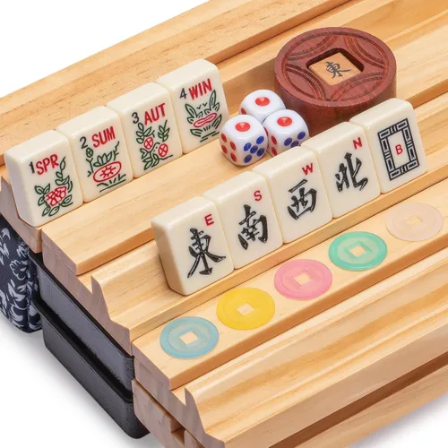 Vista 3 de Juego de Mahjong Americano de Yellow Mountain Imports, Azul Calico con Estuche Blando Floral Azul - Estante todo en uno con Empujadores, Monedas