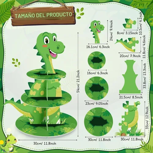 Vista 2 de Censen Soporte para cupcakes de dinosaurio de 3 niveles, decoración de fiesta con temática de dinosaurio, decoración de torre de postre