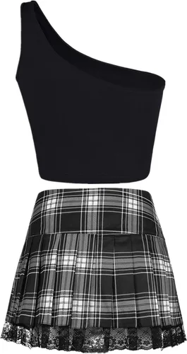 Vista 2 de SFBBCLOZ 2 Piece School Girl Outfit Costume For Women Rave Outfit One-Shoulder Vest Top and Lace Plaid Skirt Set For Women